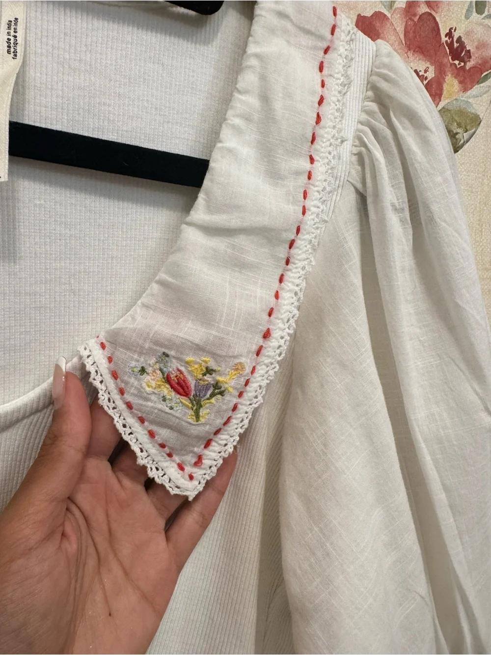 Anthropologie White Puff Sleeve Top with Embroidered Collar